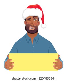 African man in hat holding blank card. Afro american man with board. Vector illustration