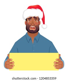 African man in hat holding blank card. Afro american man with board. Vector illustration