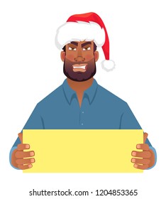 African man in hat holding blank card. Afro american man with board. Vector illustration