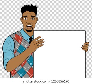 African man is holding an advertising poster. Transparent background. Pop art style. Vector illustration.