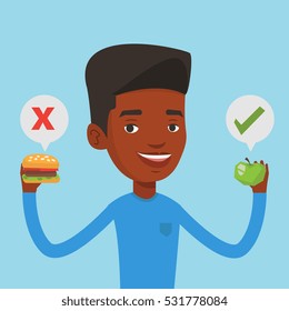 An african man holding apple and hamburger in hands. Man choosing between apple and hamburger. Man choosing between healthy and unhealthy nutrition. Vector flat design illustration. Square layout.