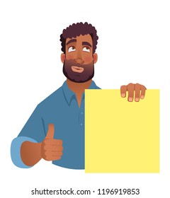 African man holding blank banner. African american man with board. Thumbs up vector illustration