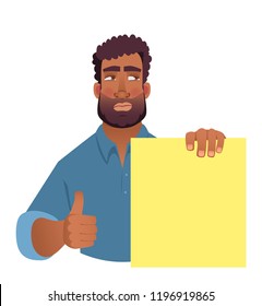 African man holding blank banner. African american man with board. Thumbs up vector illustration