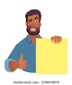 African man holding blank banner. African american man with board. Thumbs up vector illustration