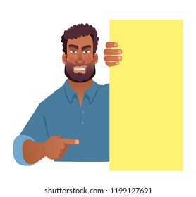 African man holding blank banner. African american man with board. Finger pointing vector illustration