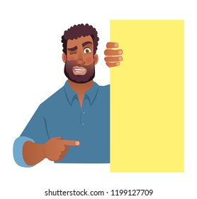 African man holding blank banner. African american man with board. Finger pointing vector illustration