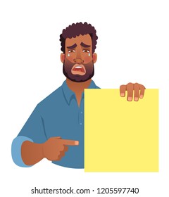 African man holding blank banner. African american man with board. Finger pointing vector illustration