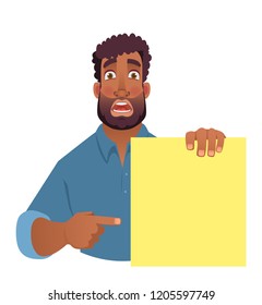 African man holding blank banner. African american man with board. Finger pointing vector illustration