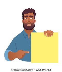 African man holding blank banner. African american man with board. Finger pointing vector illustration