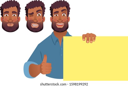 African man holding blank banner. African american man with board. Thumbs up vector illustration