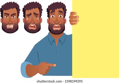 African man holding blank banner. African american man with board. Finger pointing vector illustration