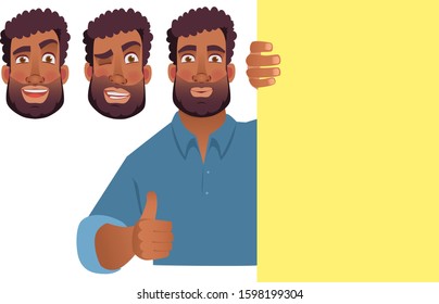 African man holding blank banner. African american man with board. Thumbs up vector illustration
