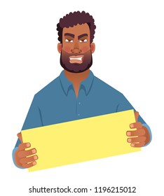 African man holding blank card. African american man with board. Vector illustration