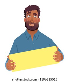 African man holding blank card. African american man with board. Vector illustration