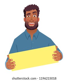 African man holding blank card. African american man with board. Vector illustration