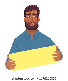 African man holding blank card. African american man with board. Vector illustration