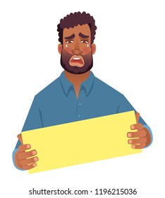 African man holding blank card. African american man with board. Vector illustration