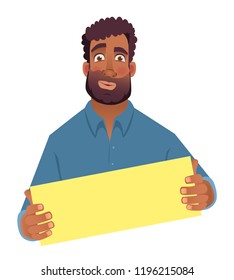 African man holding blank card. African american man with board. Vector illustration