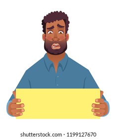 African man holding blank card. Afro american man with board. Vector illustration