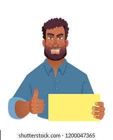 African man holding blank card. African american man with thumbs up. Vector illustration