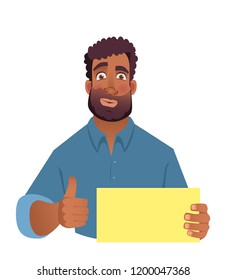 African man holding blank card. African american man with thumbs up. Vector illustration