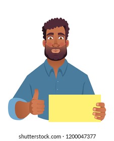 African man holding blank card. African american man with thumbs up. Vector illustration