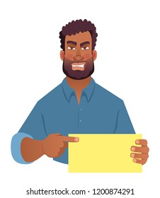 African man holding blank card. African american man pointing finger at card. Vector illustration