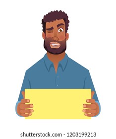 African man holding blank card. Afro american man with sign. Vector illustration