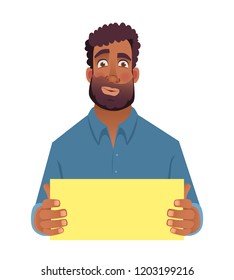 African man holding blank card. Afro american man with sign. Vector illustration