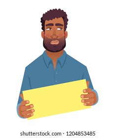 African man holding blank card. African american man with board. Vector illustration