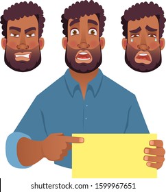 African man holding blank card. African american man pointing finger at card. Vector illustration