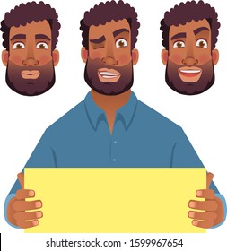 African man holding blank card. African american man with board. Vector illustration