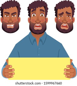 African man holding blank card. African american man with board. Vector illustration