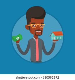African man holding money and model of house. Man having loan for house. Man got loan for buying a house. Real estate loan concept. Vector flat design illustration in the circle isolated on background