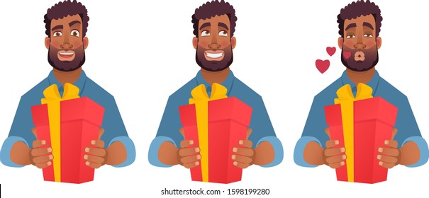 African man holding red present box. African american man gives a gift. Vector illustration set