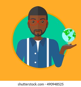 An african man holding a smartphone with a model of planet earth above the device. International technology communication concept. Vector flat design illustration in the circle isolated on background.