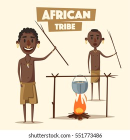 Hombre africano. Indígenas sudamericanos. Ilustración vectorial de dibujos animados. Aborigen. Cultura y tradiciones, tribu de las personas