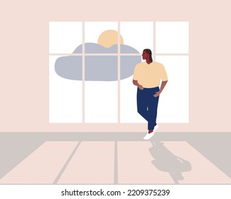 African man inside and variable cloudiness like weather outside, flat vector stock illustration with room with window and shadow, concept of good mood