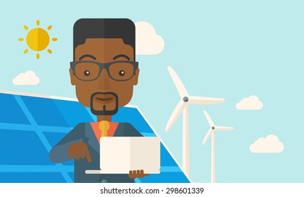 An african man with laptop using the solar panel under the sun as power electricity. A Contemporary style with pastel palette, soft blue tinted background with desaturated clouds. Vector flat design