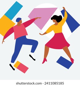 African man and Latina woman dancing joyfully. Multicultural couple enjoying party. Fun celebration and modern dance vector illustration.