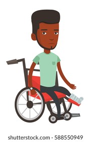 African man with leg in plaster. Injured upset man sitting in wheelchair with broken leg. Man with fractured leg suffering from pain. Vector flat design illustration isolated on white background.