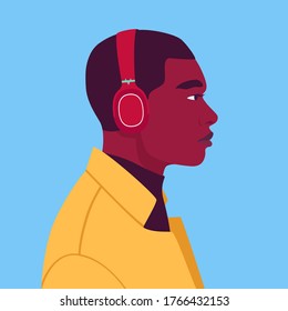 African man listen to music on headphones. Music therapy. Guy profile. Avatar for social networks. Vector flat illustration.