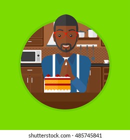 African man looking with passion at big cake. Man standing in front of delicious cake in the kitchen. Man craving delicious cake. Vector flat design illustration in the circle isolated on background.