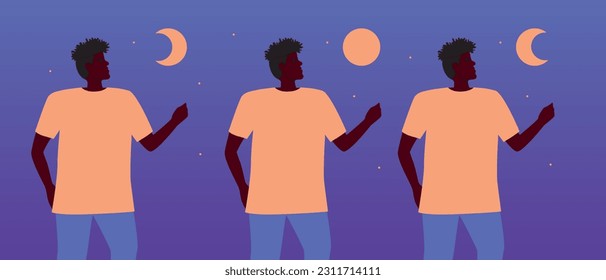 african man and lunar cycle with waxing moon, waning moon and full moon. flat vector stock illustration