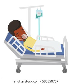 African man lying in hospital bed with oxygen mask. Mn during medical procedure with drop counter. Patient recovering in bed in hospital. Vector flat design illustration isolated on white background.