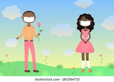 African man in mask give woman a flower. Vector illustration.
