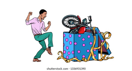 african Man and motorcycle holiday gift box, funny reaction joy. isolate on white background. Pop art retro vector illustration vintage kitsch 50s 60s