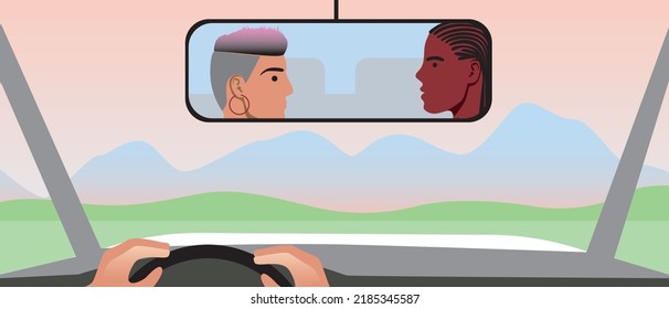 African man and non-binary person chatting in front seats on road trip, flat vector stock illustration with a car