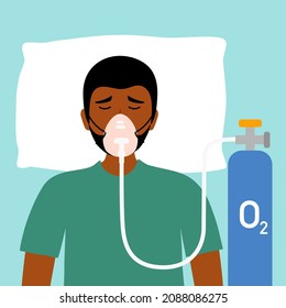 African man patient with oxygen therapy in flat design. Lung or respiratory system disease. Breathing problem.