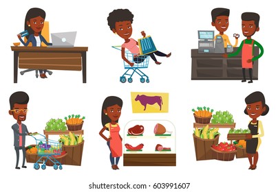 African man paying wireless with his smartphone at the supermarket checkout. Customer making payment for purchase with smartphone. Set of vector flat design illustrations isolated on white background.